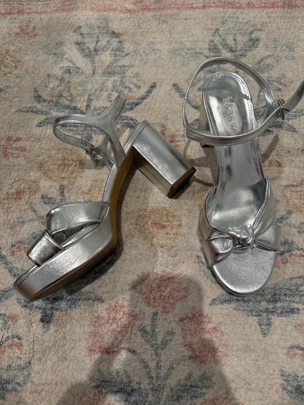 J. Crew silver platform bow heels